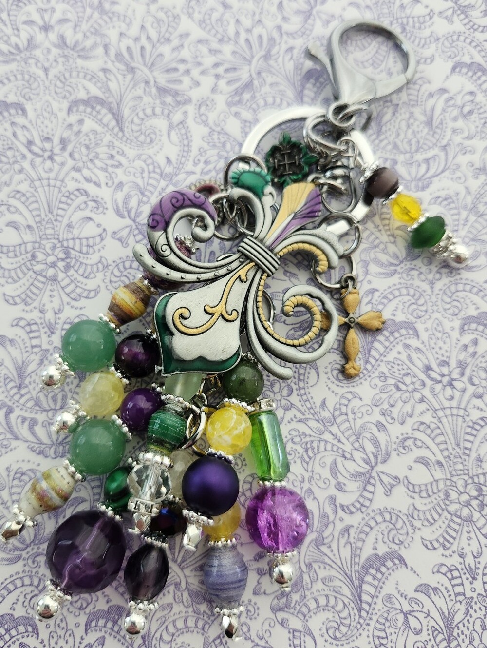 Mardi Gras-themed Purse Charm Fleur de lis Aventurine Agate Handcrafted